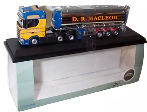 Diecast cylindrical tanker truck model with blue and yellow cab, D.R. Macleod branding