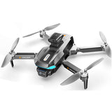 Foldable GPS quadcopter drone with obstacle sensors and propellers, gray body
