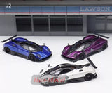 Diecast sports car models: blue, purple, and white with raised hood