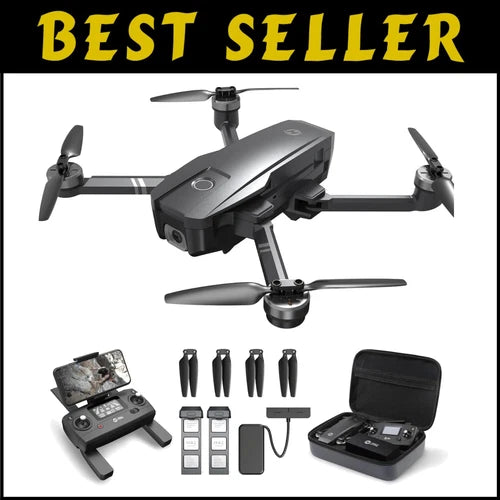 GPS drone with camera, four propellers, remote controller, and spare propellers