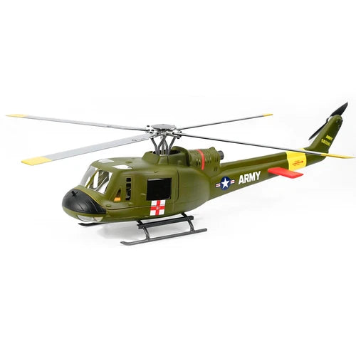 Olive green RC scale helicopter drone with Army decal, spinning rotor blades and skids