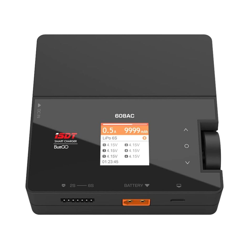 RC smart battery charger with screen display and orange USB output port, dark plastic