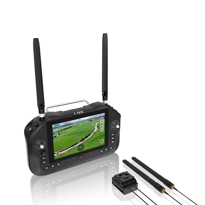 Handheld ground station drone with 7-inch screen, two antennas, and control buttons