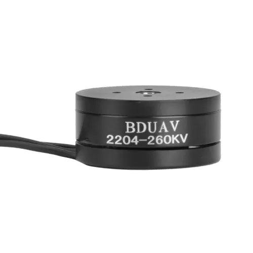 Brushless motor with BDUAV 2204-260KV label, black cylindrical housing