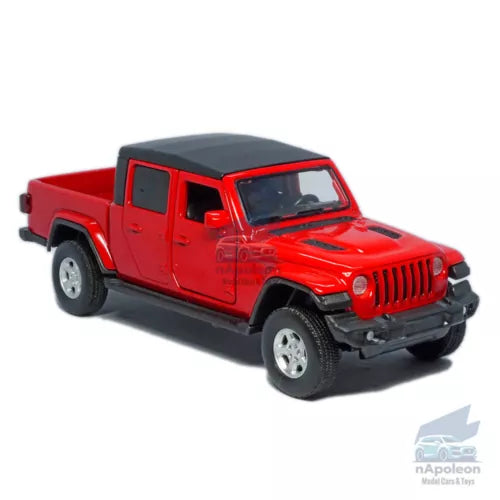 Red Jeep pickup diecast model car, 1:36 scale, open bed and black fenders