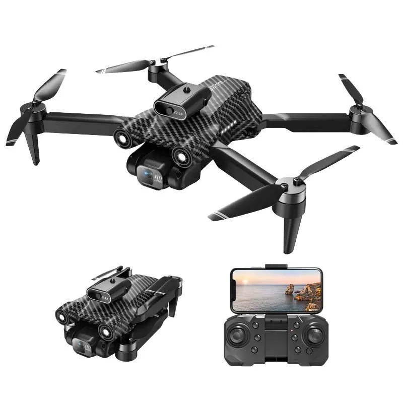Mini quadcopter drone with carbon-fiber style body, four propellers, dual cameras