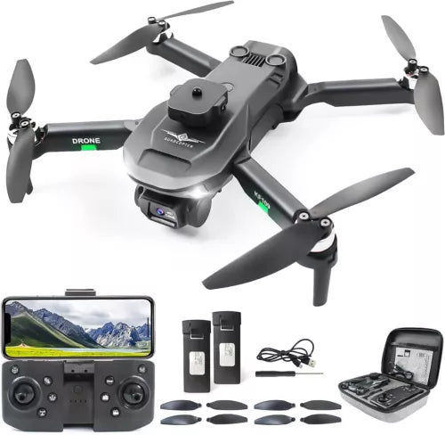 Black foldable mini quadcopter drone with camera, controller, batteries, and propellers