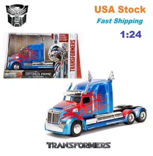 Blue and red diecast semi truck model with robot figure, 1:24 scale