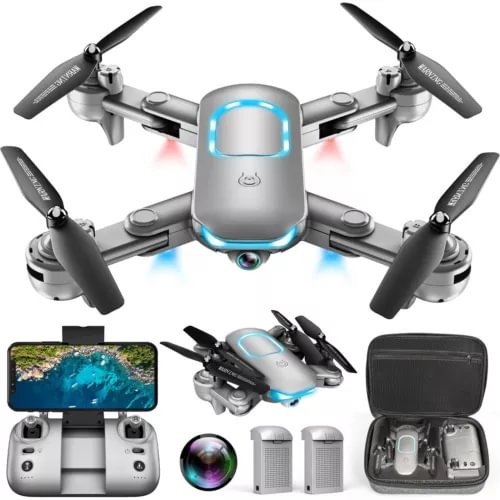 Foldable quadcopter drone with FPV camera, front view, four propellers, accessories set