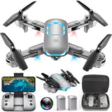 Foldable quadcopter drone with FPV camera, front view, four propellers, accessories set