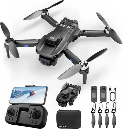 Camera drone with remote controller and spare batteries, foldable