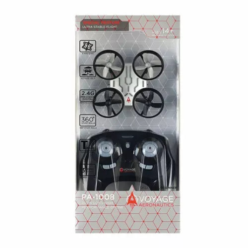 Micro drone in retail packaging, black quadcopter with four propellers