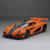 Orange and black 1:24 diecast sports car model with open hood detail