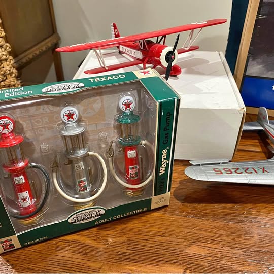 Texaco diecast collectible set in open box with mini aircraft