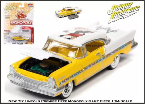 Yellow and white 1:64 diecast car model, front 3/4 view
