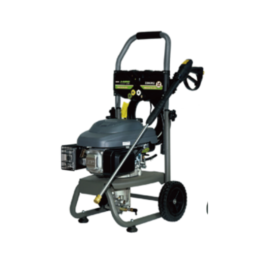 Gas high-pressure washer with horizontal engine, handle, and two wheels
