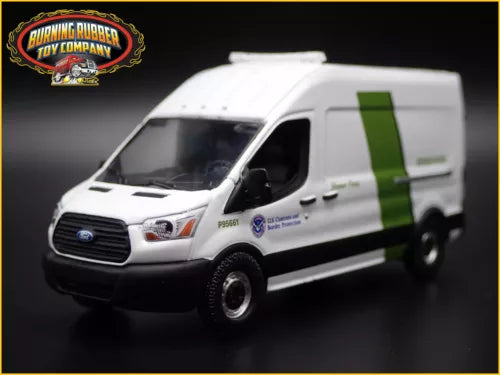 White diecast border patrol van model car, green stripe, 1:64 scale.
