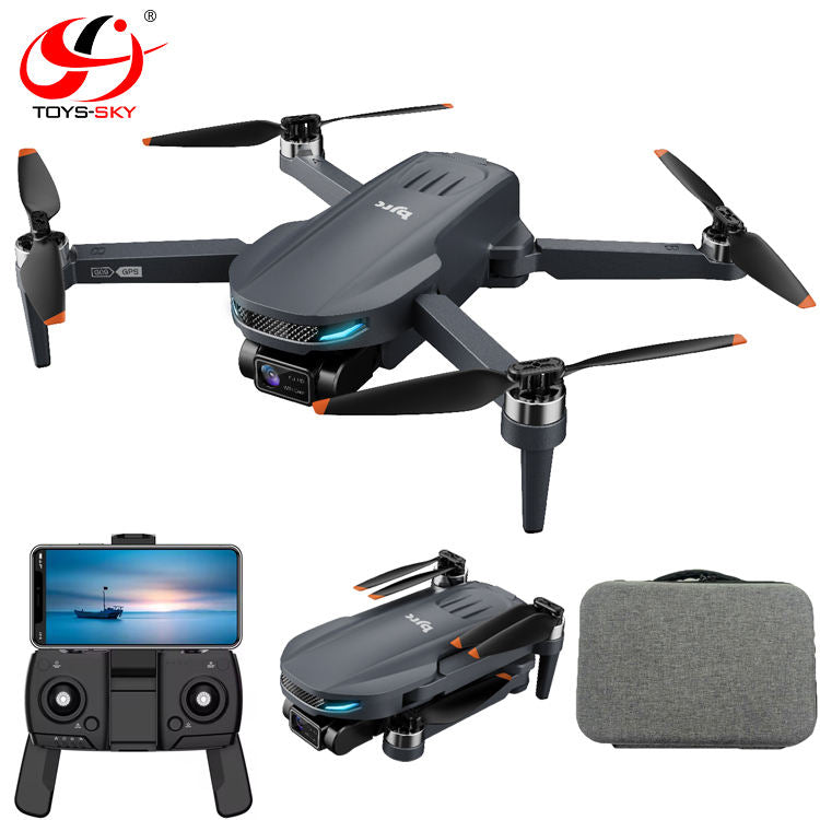Grey quadcopter drone with 4 propellers and 4K camera, compact foldable body