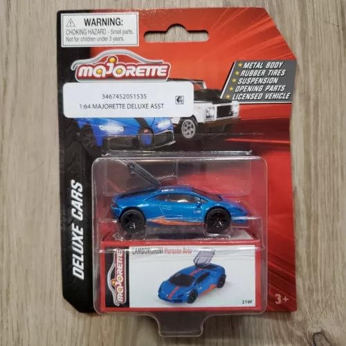 Blue diecast sports car model in blister pack with black wheels
