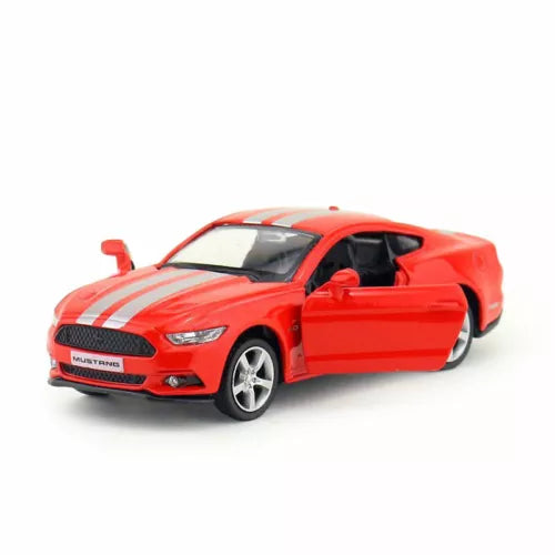 Red Ford Mustang diecast model car with racing stripes, front 3/4 view