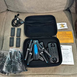 DEERC drone kit with blue quadcopter, controller, and carry case