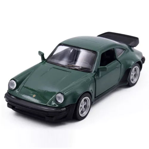 1:36 green diecast pull-back model car with black spoiler, front 3/4 view