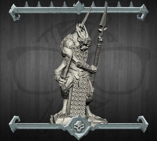 Tabletop game miniature: armored humanoid figure holding tall polearm on round base