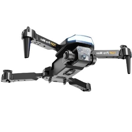 Black quadcopter drone with dual camera gimbal and foldable prop arms