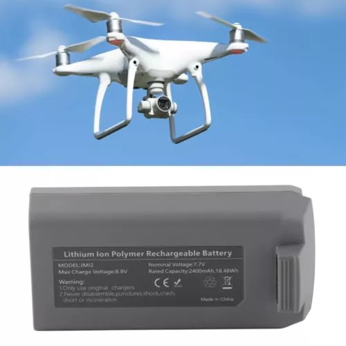 Gray rechargeable drone battery with printed specs label