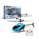 Blue and black remote control helicopter drone toy with two white controller buttons