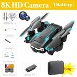 Foldable quadcopter drone, dark gray with blue accents and dual cameras