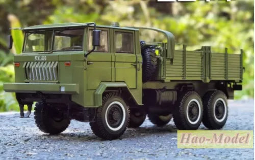 Olive green military cargo truck model, diecast alloy, side view with cargo bed.
