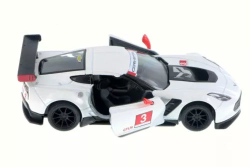 White and black diecast race car toy with number 3, rear wing, open cockpit door