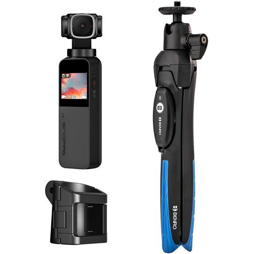 Handheld 3-axis gimbal stabilized camera with built-in screen and blue base