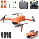 Orange 4-rotor quadcopter drone with front camera and foldable arms