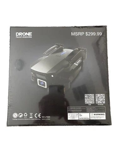 Sealed drone retail box with pictured black obstacle-avoidance drone