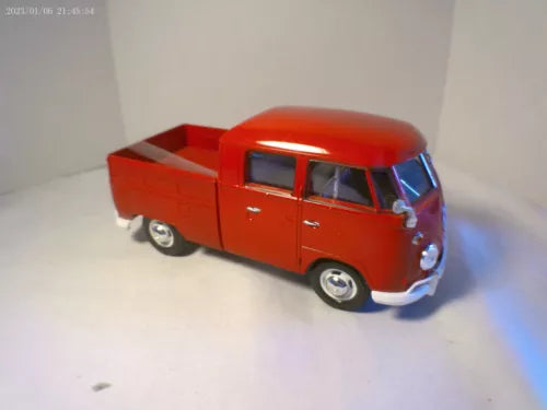 Red VW pickup diecast model car with chrome grille and headlights