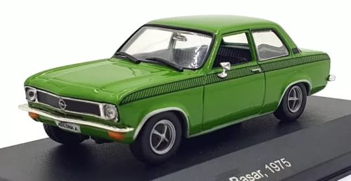 Green diecast classic car model, 1975 Opel Ascona A, front three-quarter view