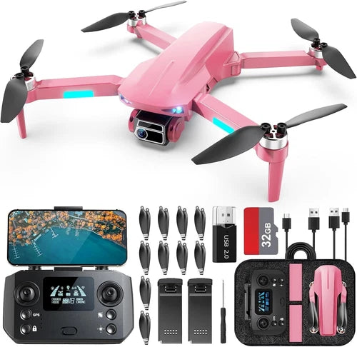 Pink foldable quadcopter drone kit with 4 rotors, remote controller, cables and SD cards
