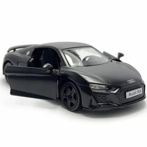 1:36 scale Audi R8 diecast model car, black with open hood and front grille detail