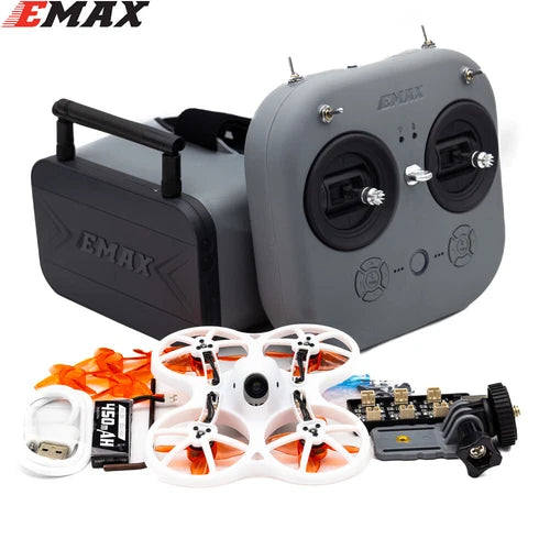 Emax FPV racing drone kit with gray controller and white quadcopter with orange props