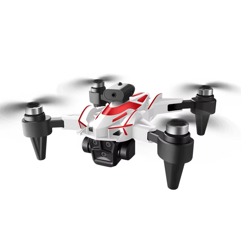 RC quadcopter drone, white/red body with front camera, four black prop guards