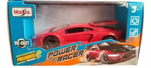 Die-cast sports car toy, red with black wheels, in retail box with Power Racer branding
