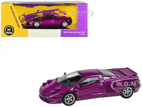Purple 1/64 diecast model sports car with black wheels, front 3/4 view