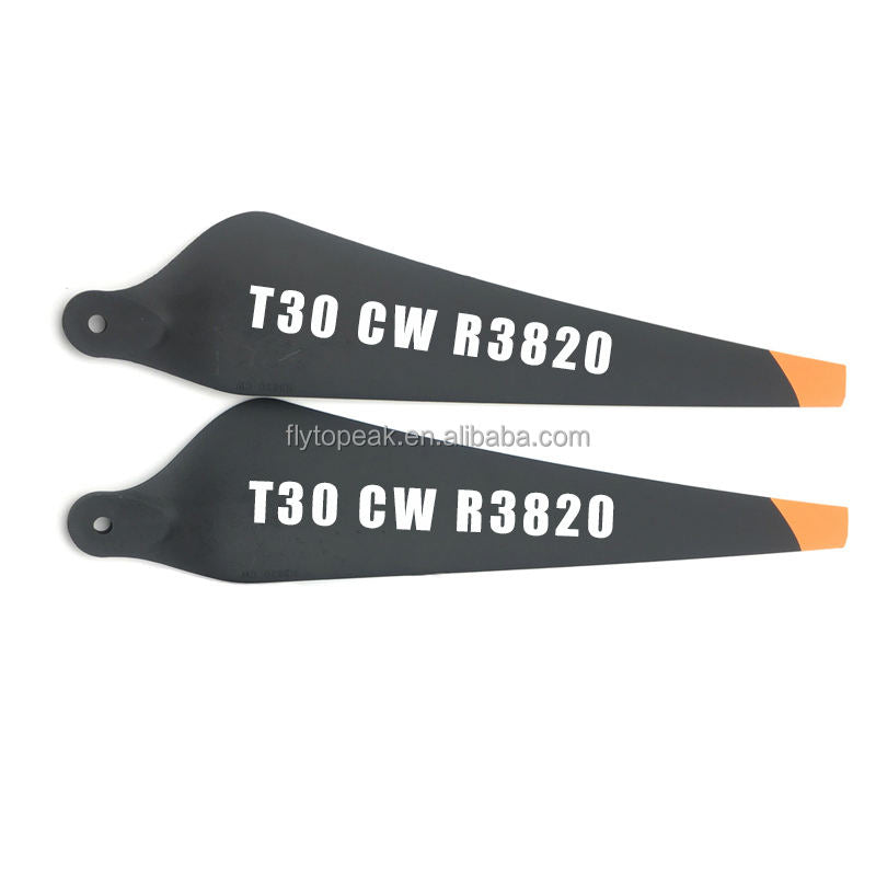 Drone propeller blades, black with orange tips, printed T30 CW R3820.