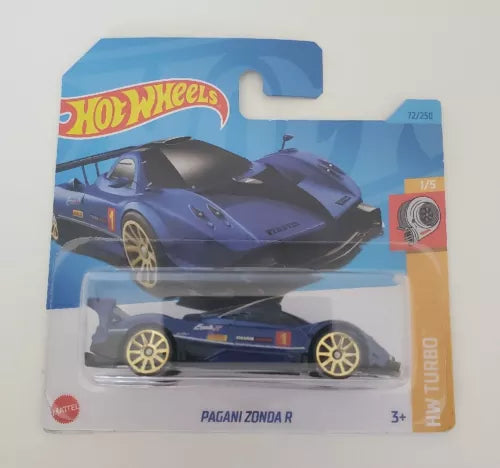 Blue diecast race car model in retail blister box, 1:64 scale