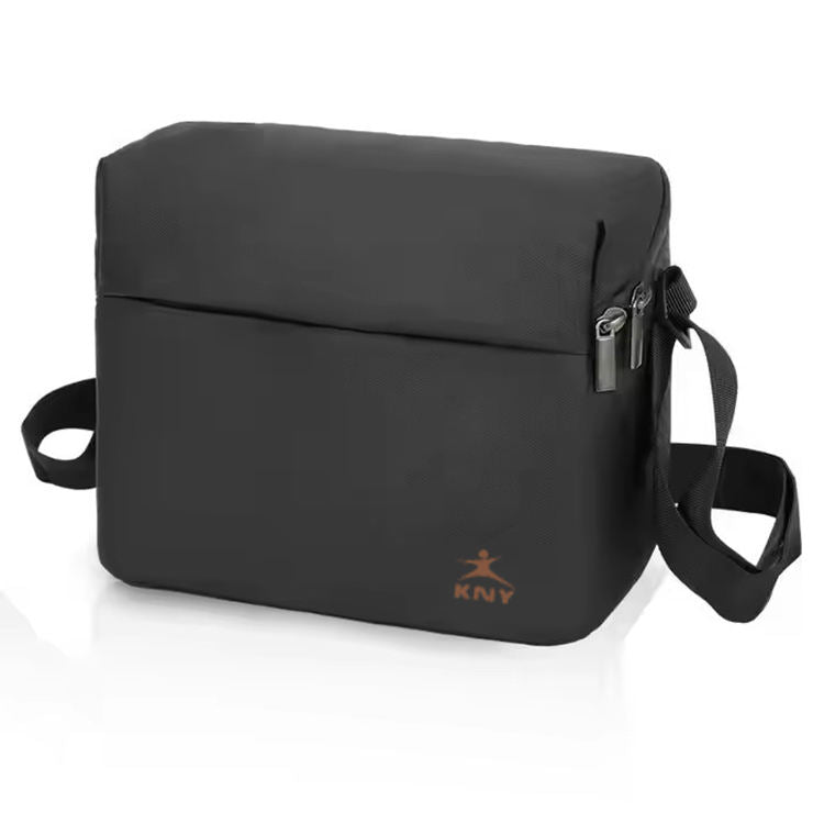 Black protective drone storage bag with zip front and adjustable shoulder strap, KNY logo