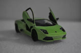 Lime green diecast model toy car with raised scissor doors, 1:36 scale