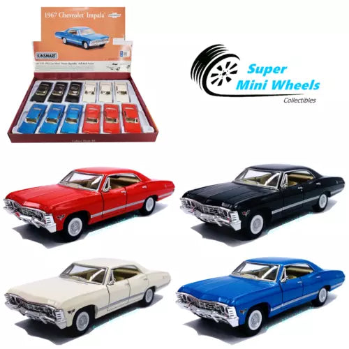 Four-pack 1967 Chevrolet Impala diecast toy cars in red, black, cream, and blue