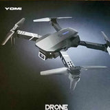 Quadcopter drone with four propellers and camera pod, YOMI branding